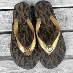 Michael Kors Gold and Brown Logo Flip Flops NWOT